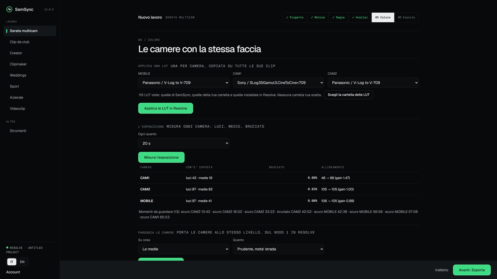 The Colour step, one LUT per camera