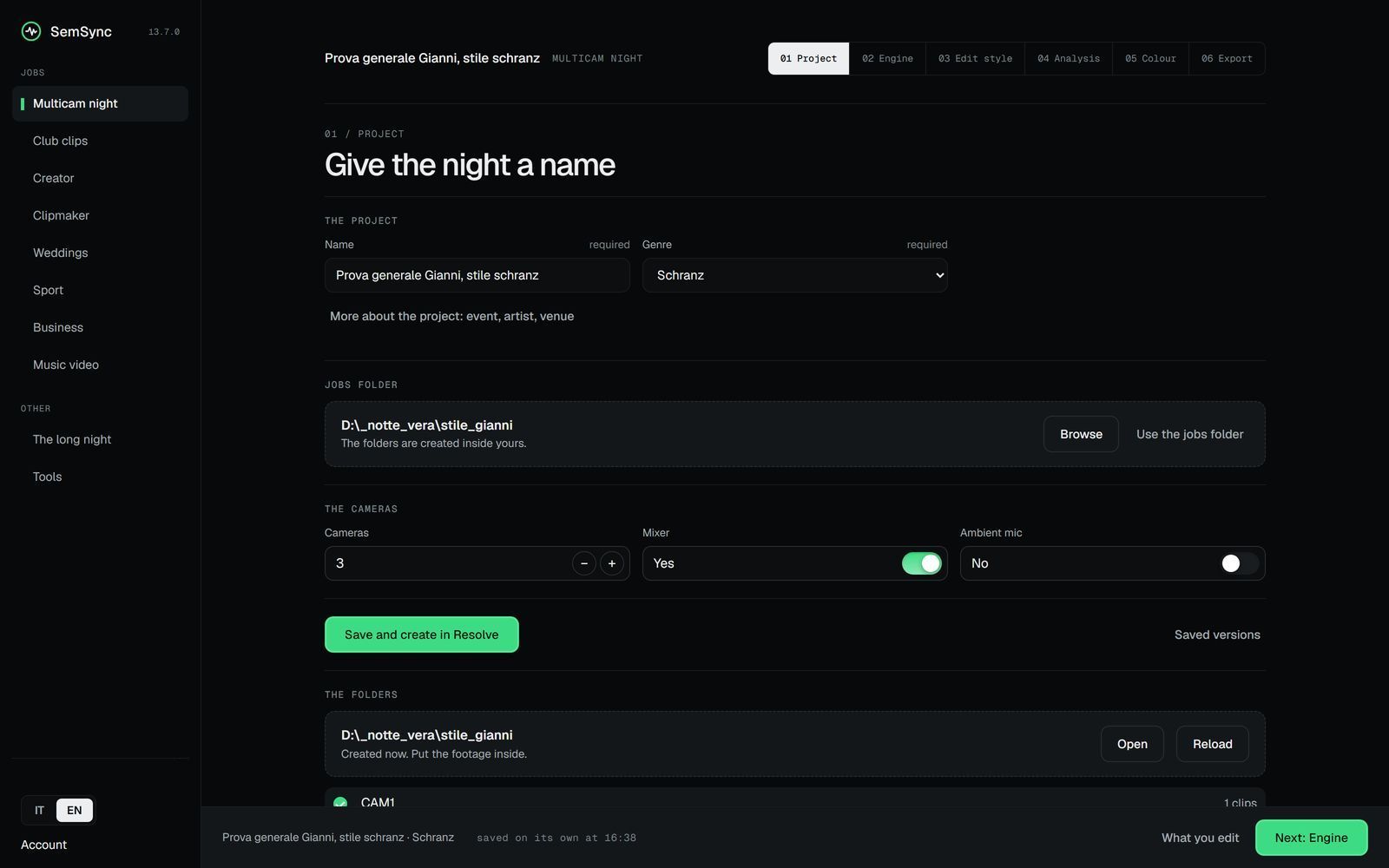SemSync, the Project step: the name of the night and the camera folders