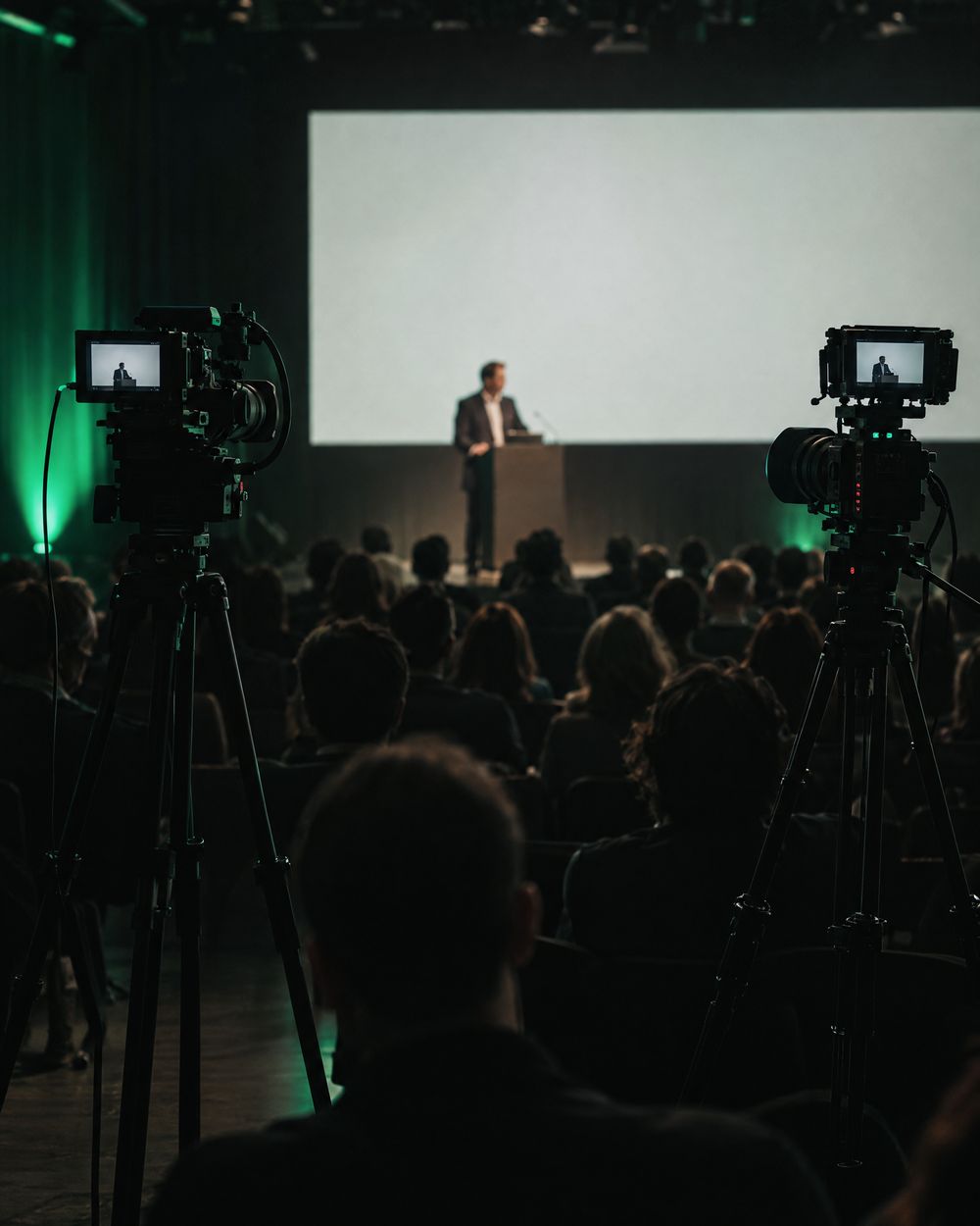 A conference, the speaker on stage and the cameras in the room