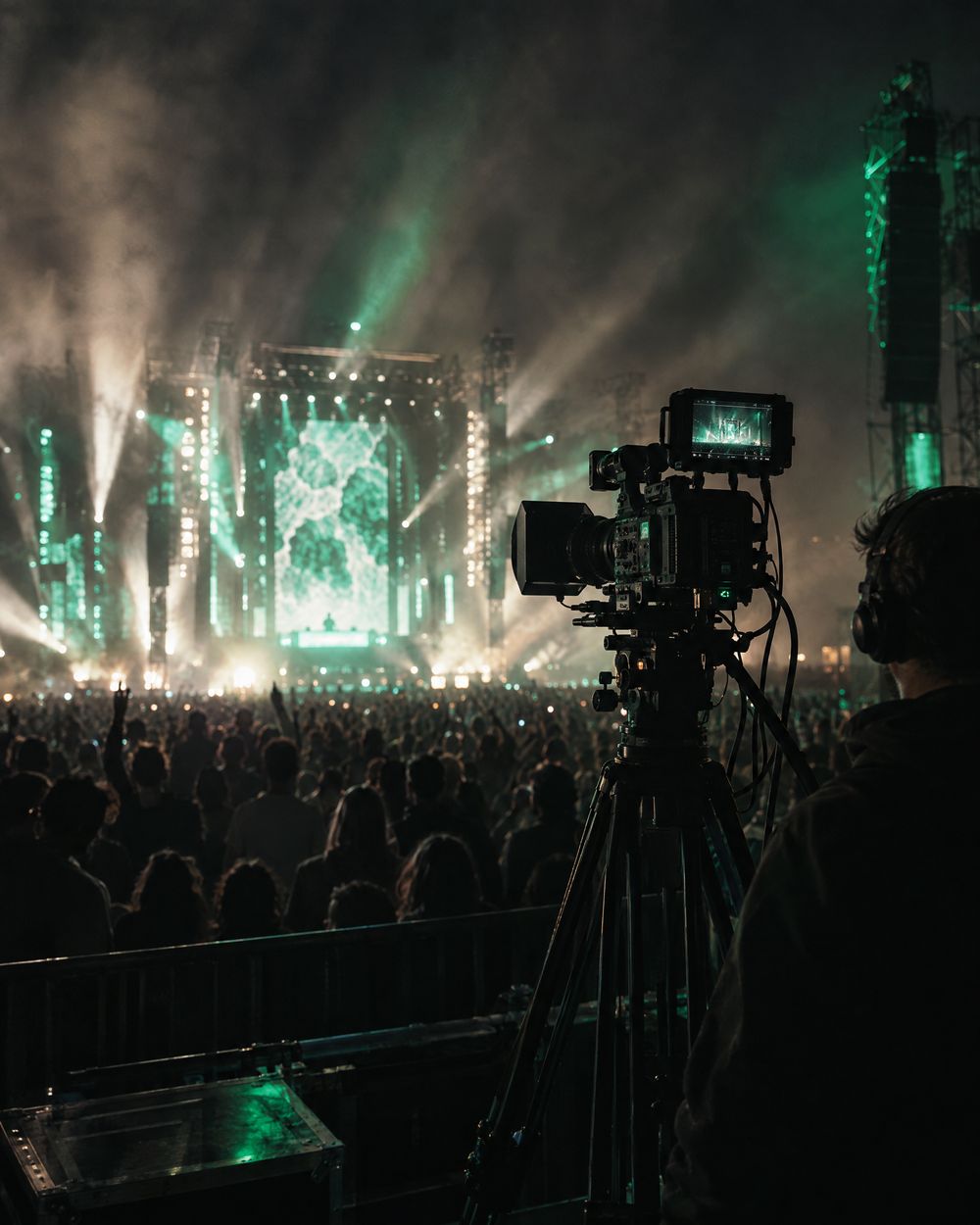 A festival main stage at night, seen from the crowd