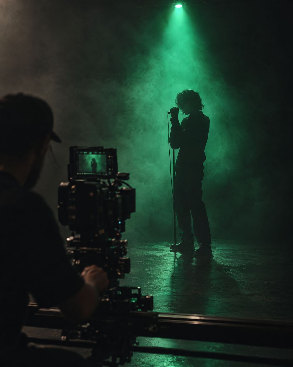 A music video set, a green light in the smoke